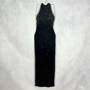 Vintage Silk Black/silver beaded sequin high neck evening gown dress